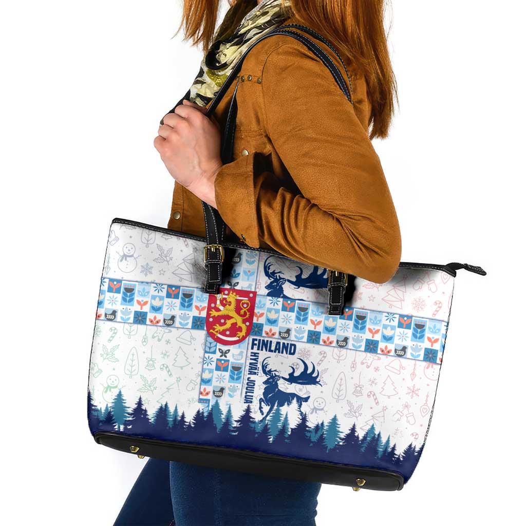 Finland Christmas Leather Tote Bag with Reindeer Forest Crest and Nordic Pattern Design - Wonder Print Shop