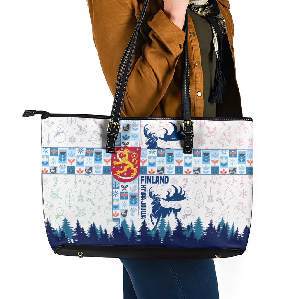 Finland Christmas Leather Tote Bag with Reindeer Forest Crest and Nordic Pattern Design - Wonder Print Shop