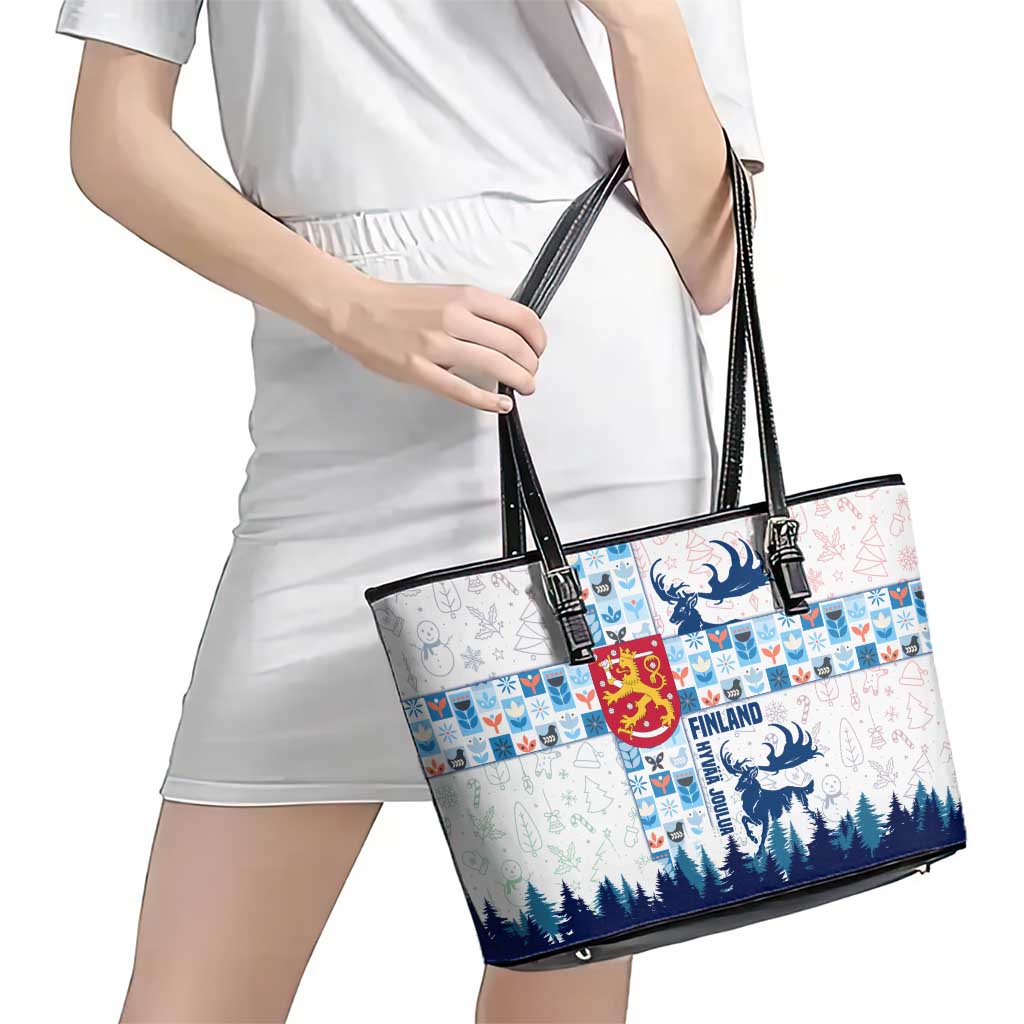 Finland Christmas Leather Tote Bag with Reindeer Forest Crest and Nordic Pattern Design - Wonder Print Shop