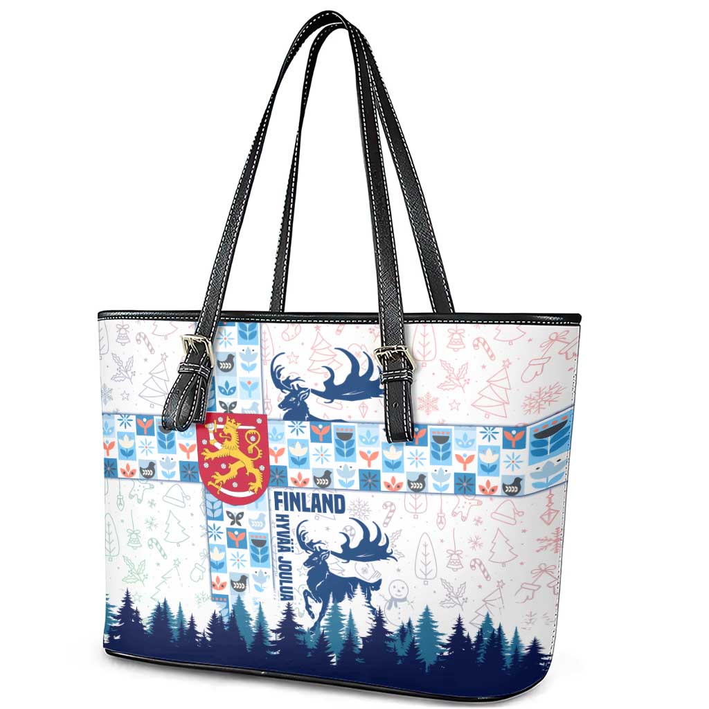 Finland Christmas Leather Tote Bag with Reindeer Forest Crest and Nordic Pattern Design - Wonder Print Shop