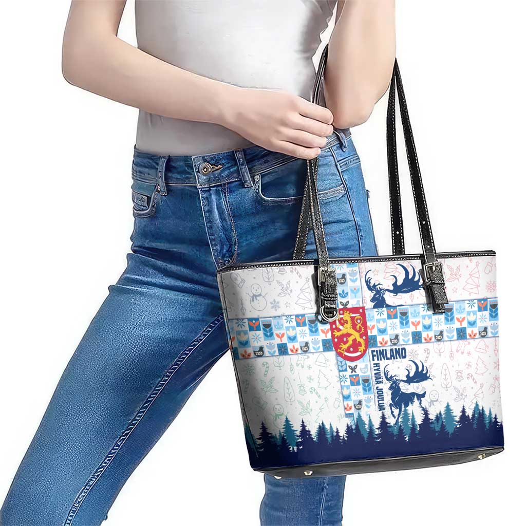Finland Christmas Leather Tote Bag with Reindeer Forest Crest and Nordic Pattern Design - Wonder Print Shop