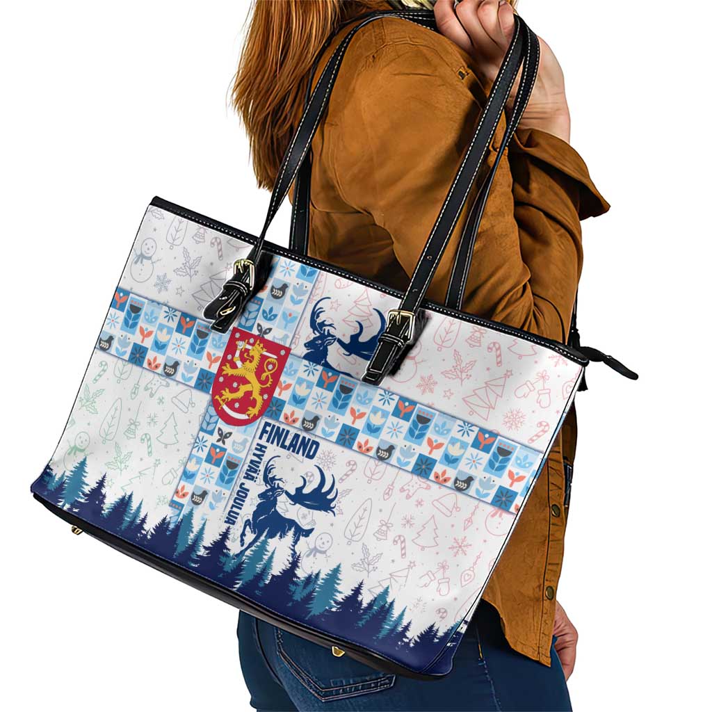Finland Christmas Leather Tote Bag with Reindeer Forest Crest and Nordic Pattern Design - Wonder Print Shop