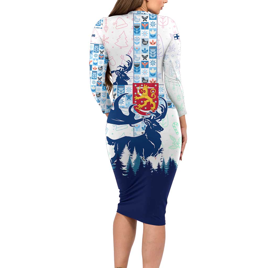 Finland Christmas Long Sleeve Bodycon Dress with Reindeer Forest Crest and Nordic Pattern Design - Wonder Print Shop