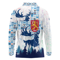 Finland Christmas Long Sleeve Polo Shirt with Reindeer Forest Crest and Nordic Pattern Design - Wonder Print Shop