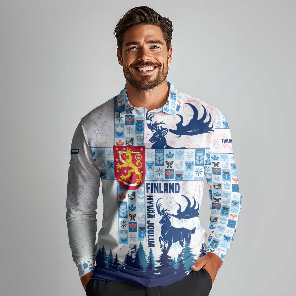 Finland Christmas Long Sleeve Polo Shirt with Reindeer Forest Crest and Nordic Pattern Design - Wonder Print Shop