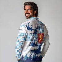 Finland Christmas Long Sleeve Polo Shirt with Reindeer Forest Crest and Nordic Pattern Design - Wonder Print Shop