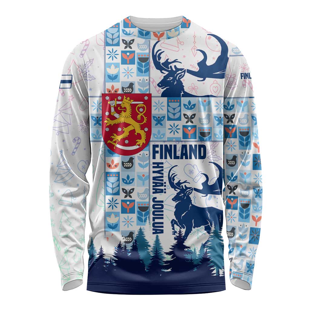 Finland Christmas Long Sleeve Shirt with Reindeer Forest Crest and Nordic Pattern Design - Wonder Print Shop