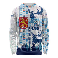 Finland Christmas Long Sleeve Shirt with Reindeer Forest Crest and Nordic Pattern Design - Wonder Print Shop