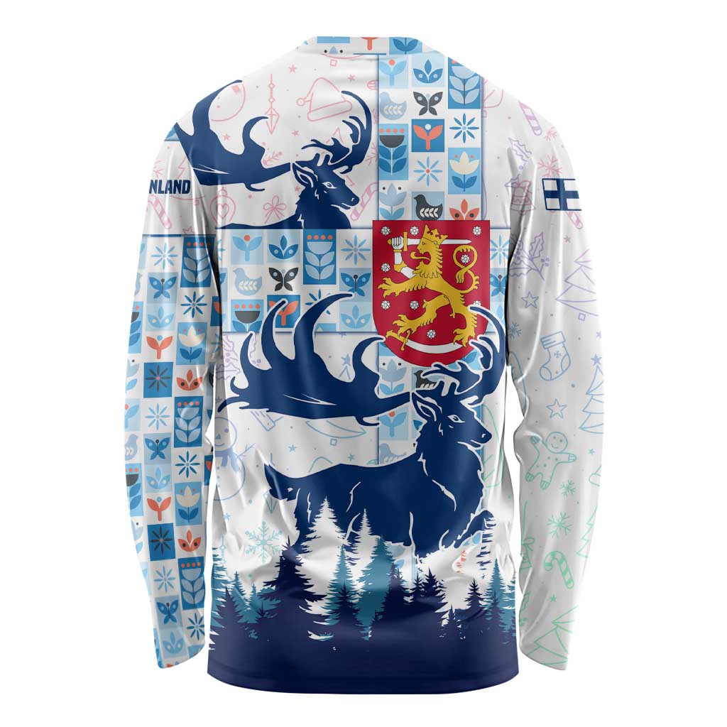 Finland Christmas Long Sleeve Shirt with Reindeer Forest Crest and Nordic Pattern Design - Wonder Print Shop