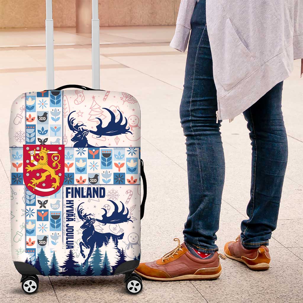 Finland Christmas Luggage Cover with Reindeer Forest Crest and Nordic Pattern Design - Wonder Print Shop