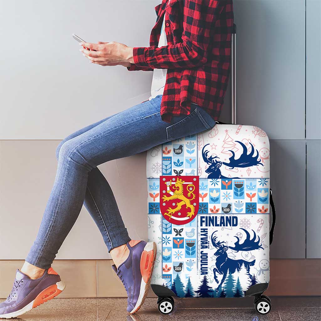 Finland Christmas Luggage Cover with Reindeer Forest Crest and Nordic Pattern Design - Wonder Print Shop