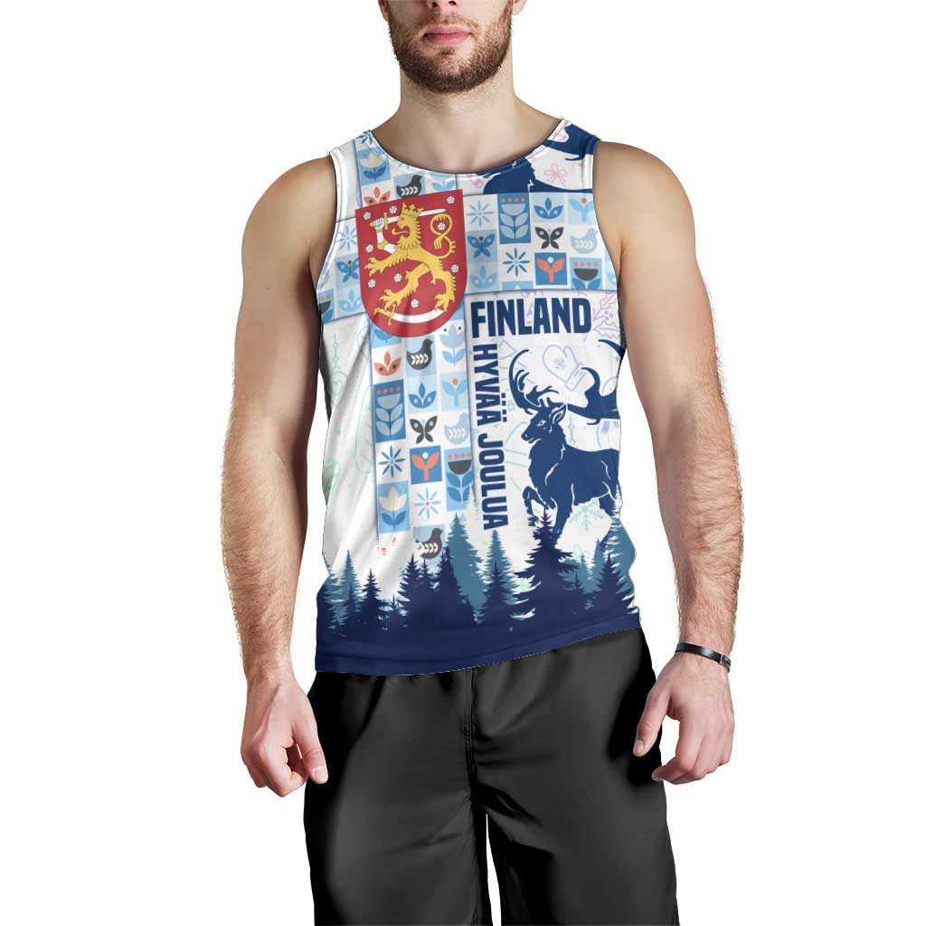 Finland Christmas Men Tank Top with Reindeer Forest Crest and Nordic Pattern Design - Wonder Print Shop