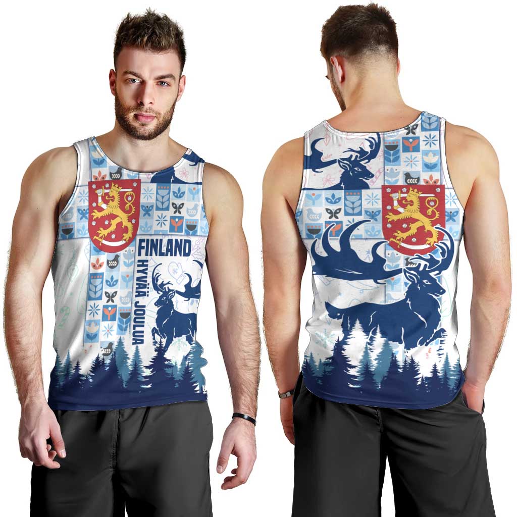 Finland Christmas Men Tank Top with Reindeer Forest Crest and Nordic Pattern Design - Wonder Print Shop