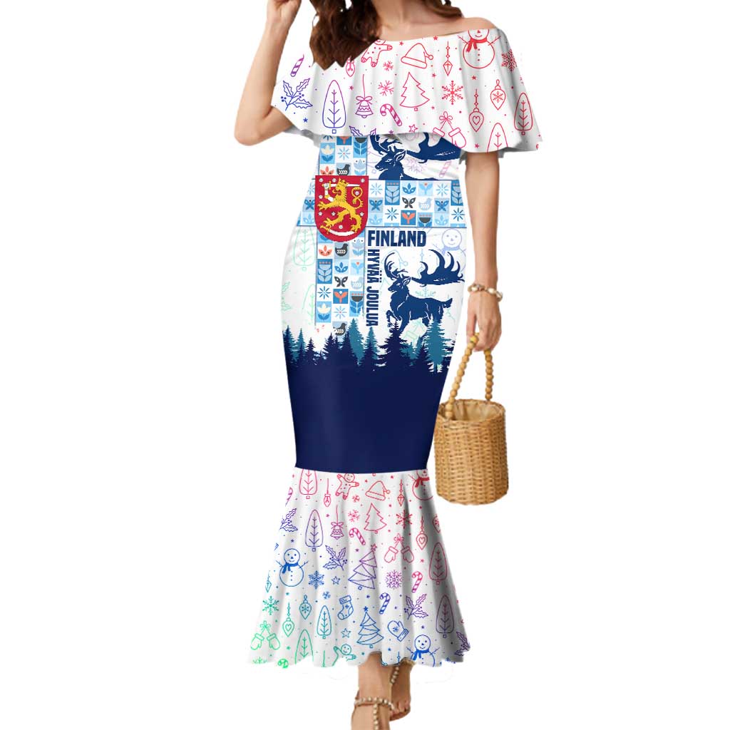 Finland Christmas Mermaid Dress with Reindeer Forest Crest and Nordic Pattern Design - Wonder Print Shop