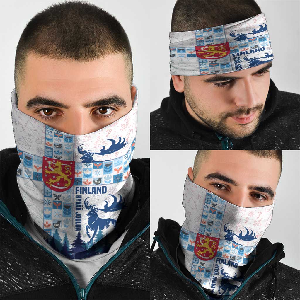 Finland Christmas Neck Gaiter with Reindeer Forest Crest and Nordic Pattern Design - Wonder Print Shop