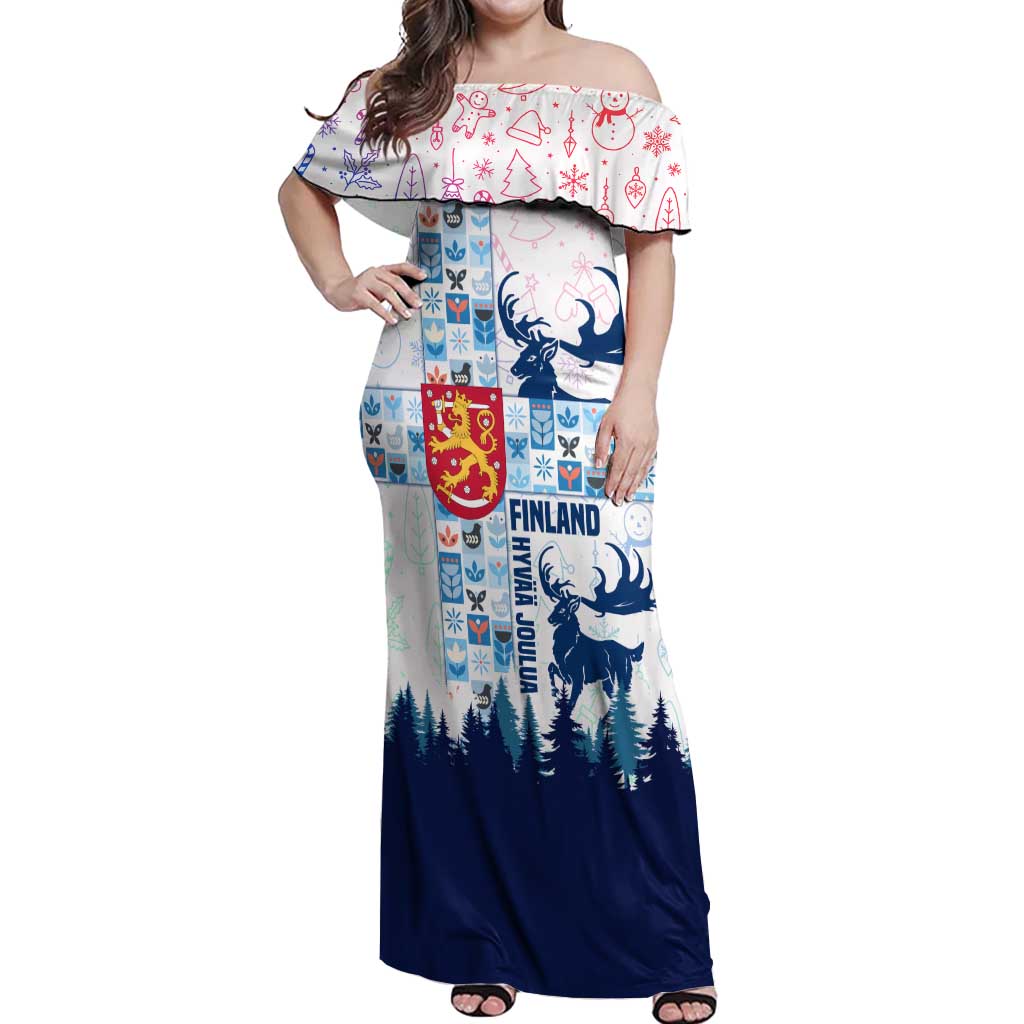 Finland Christmas Off Shoulder Maxi Dress with Reindeer Forest Crest and Nordic Pattern Design - Wonder Print Shop
