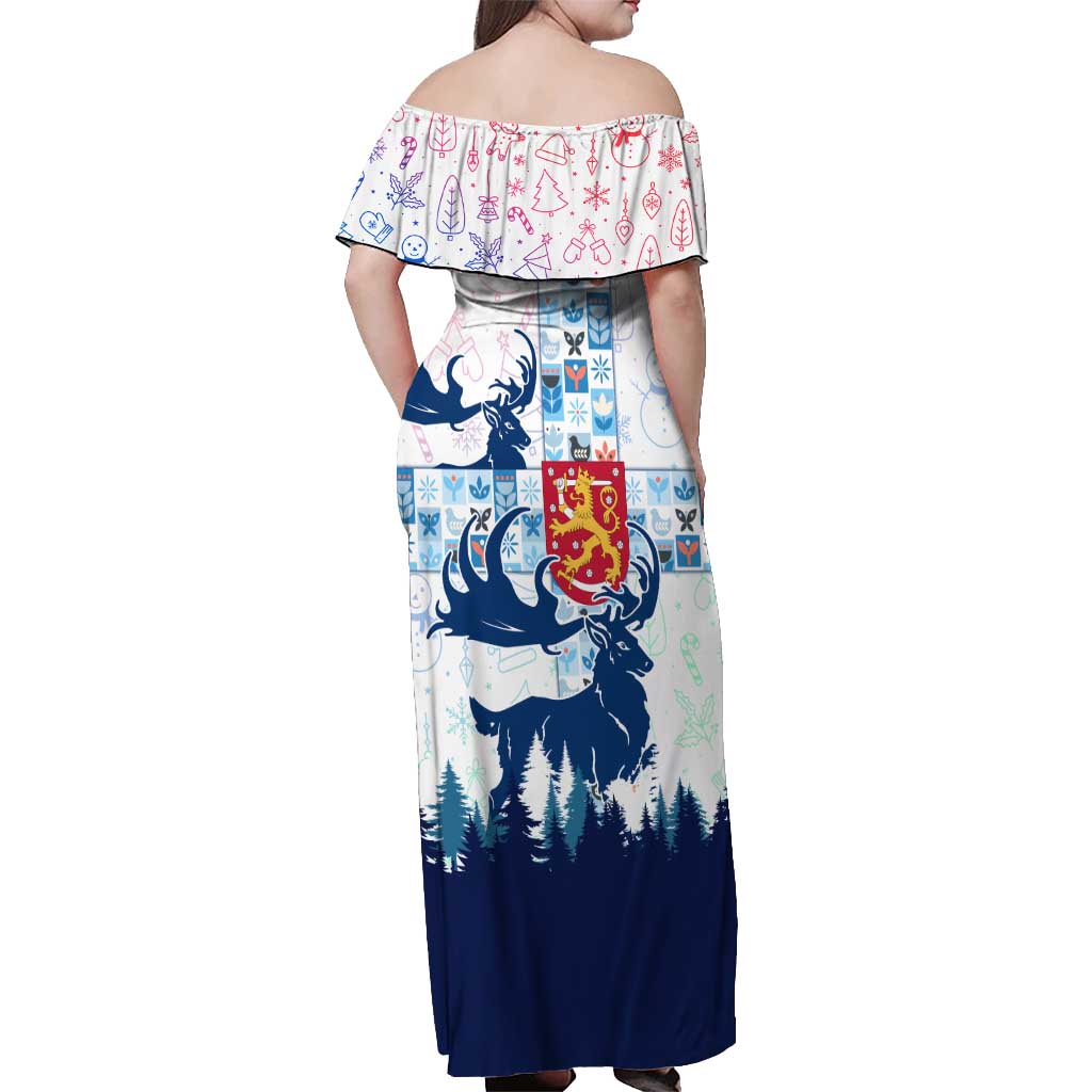 Finland Christmas Off Shoulder Maxi Dress with Reindeer Forest Crest and Nordic Pattern Design - Wonder Print Shop