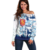 Finland Christmas Off Shoulder Sweater with Reindeer Forest Crest and Nordic Pattern Design - Wonder Print Shop