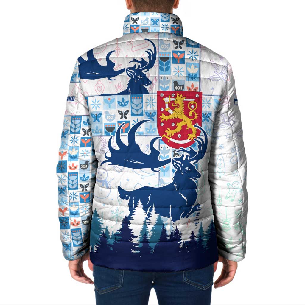 Finland Christmas Padded Jacket with Reindeer Forest Crest and Nordic Pattern Design - Wonder Print Shop