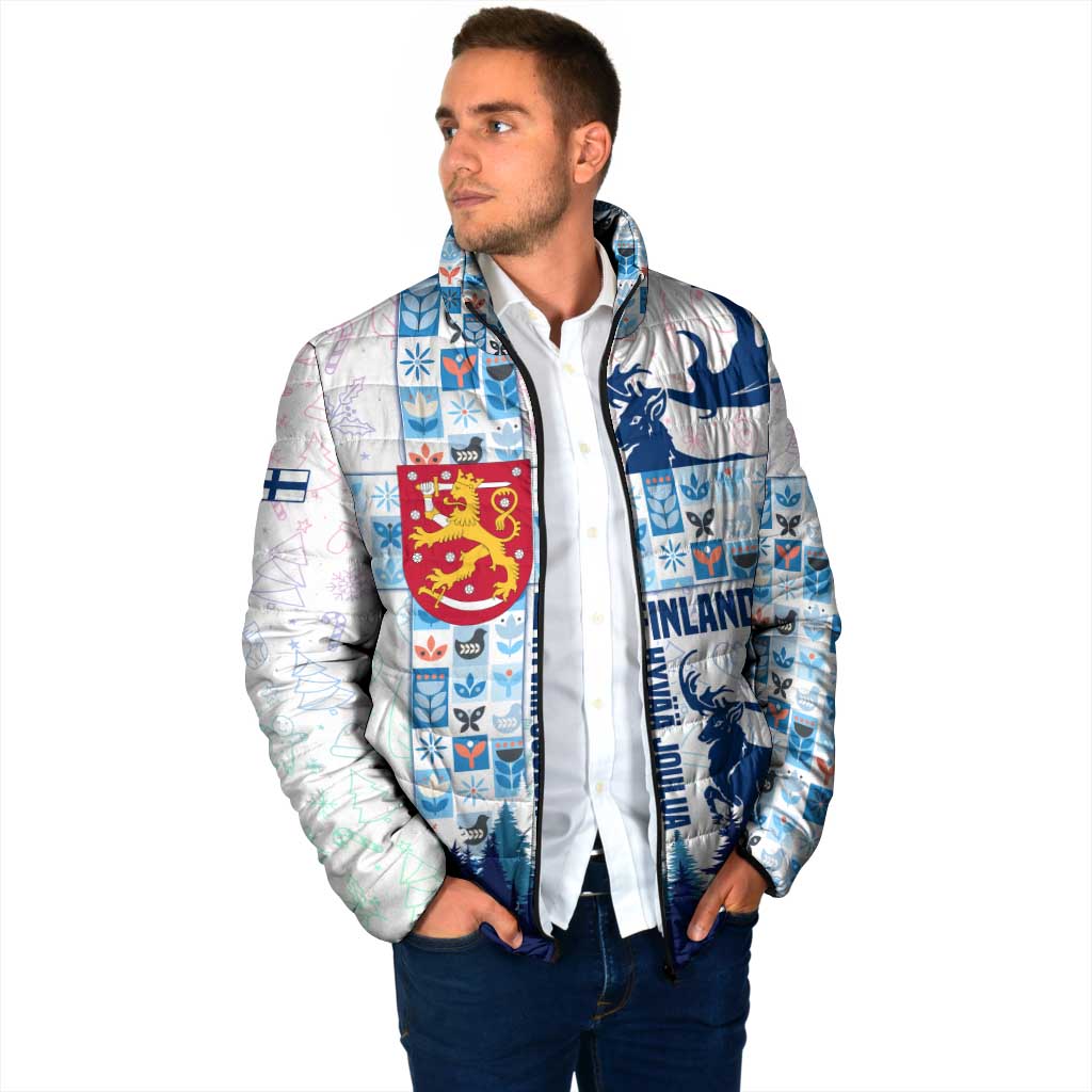 Finland Christmas Padded Jacket with Reindeer Forest Crest and Nordic Pattern Design - Wonder Print Shop