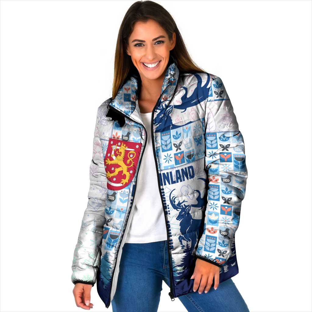 Finland Christmas Padded Jacket with Reindeer Forest Crest and Nordic Pattern Design - Wonder Print Shop