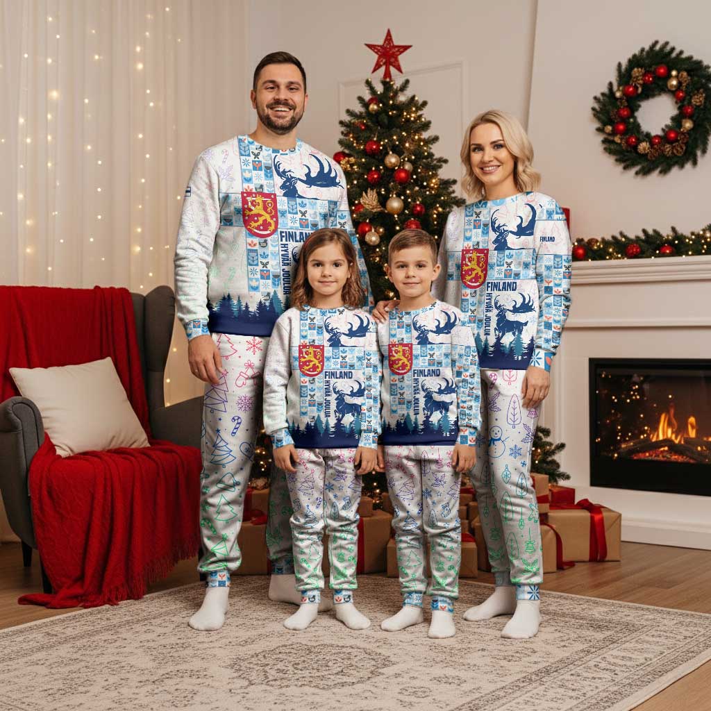 Finland Christmas Pajama Set with Reindeer Forest Crest and Nordic Pattern Design - Wonder Print Shop