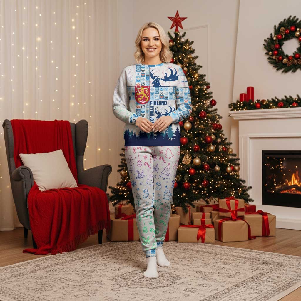 Finland Christmas Pajama Set with Reindeer Forest Crest and Nordic Pattern Design - Wonder Print Shop