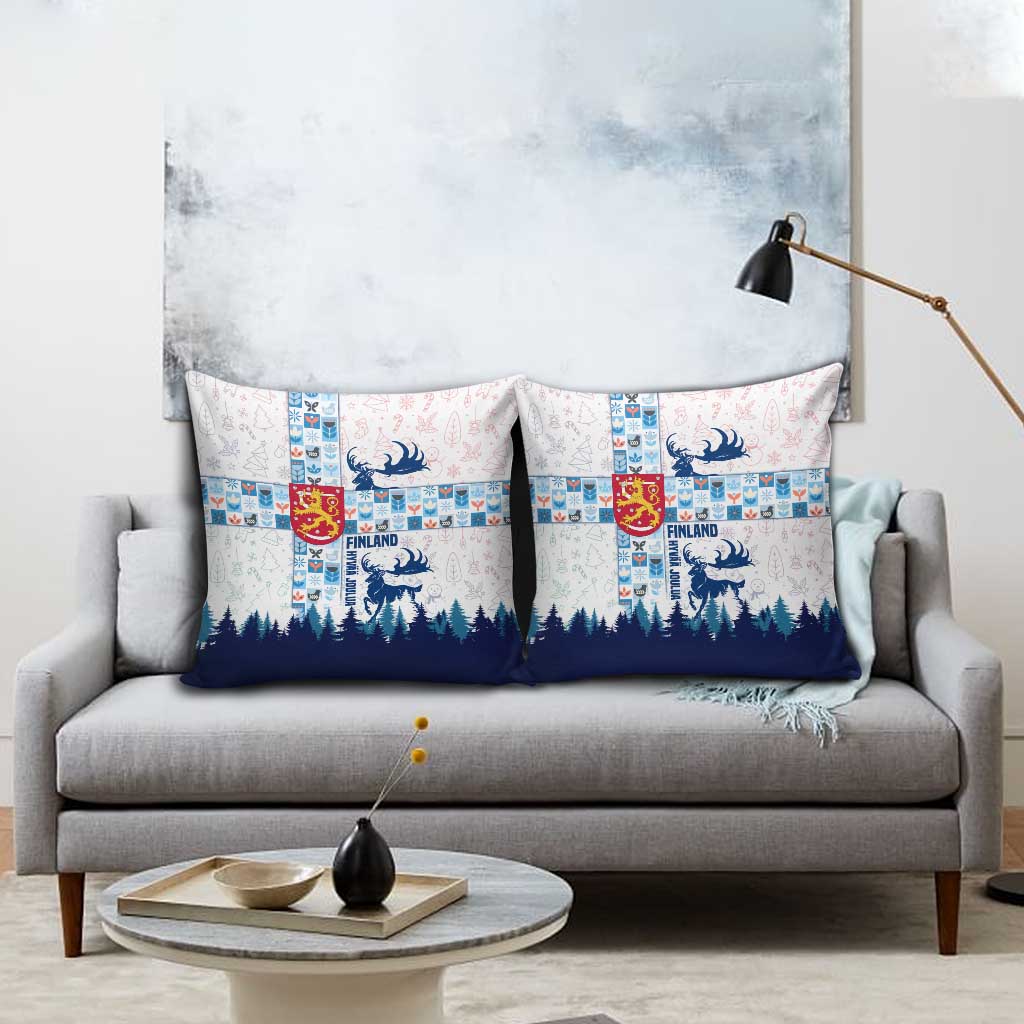 Finland Christmas Pillow Cover with Reindeer Forest Crest and Nordic Pattern Design - Wonder Print Shop