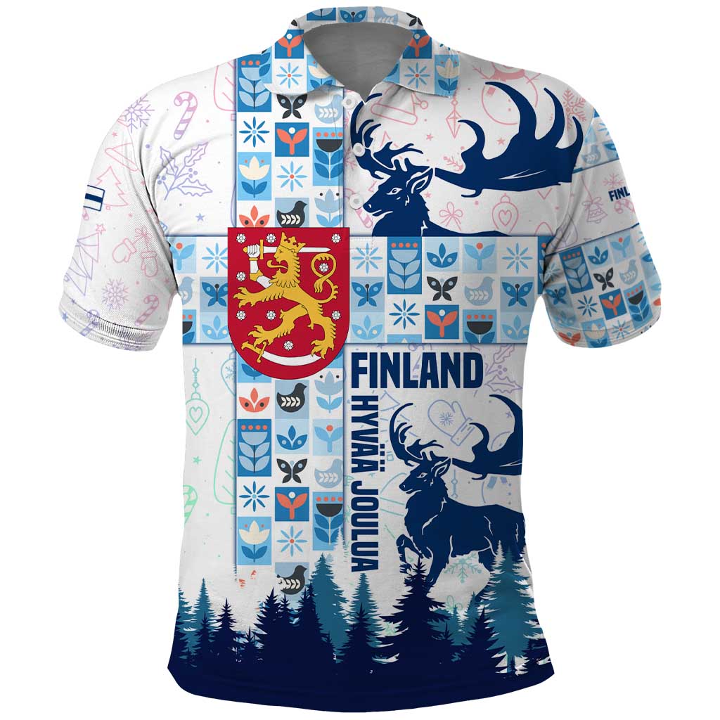 Finland Christmas Polo Shirt with Reindeer Forest Crest and Nordic Pattern Design - Wonder Print Shop