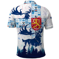 Finland Christmas Polo Shirt with Reindeer Forest Crest and Nordic Pattern Design - Wonder Print Shop