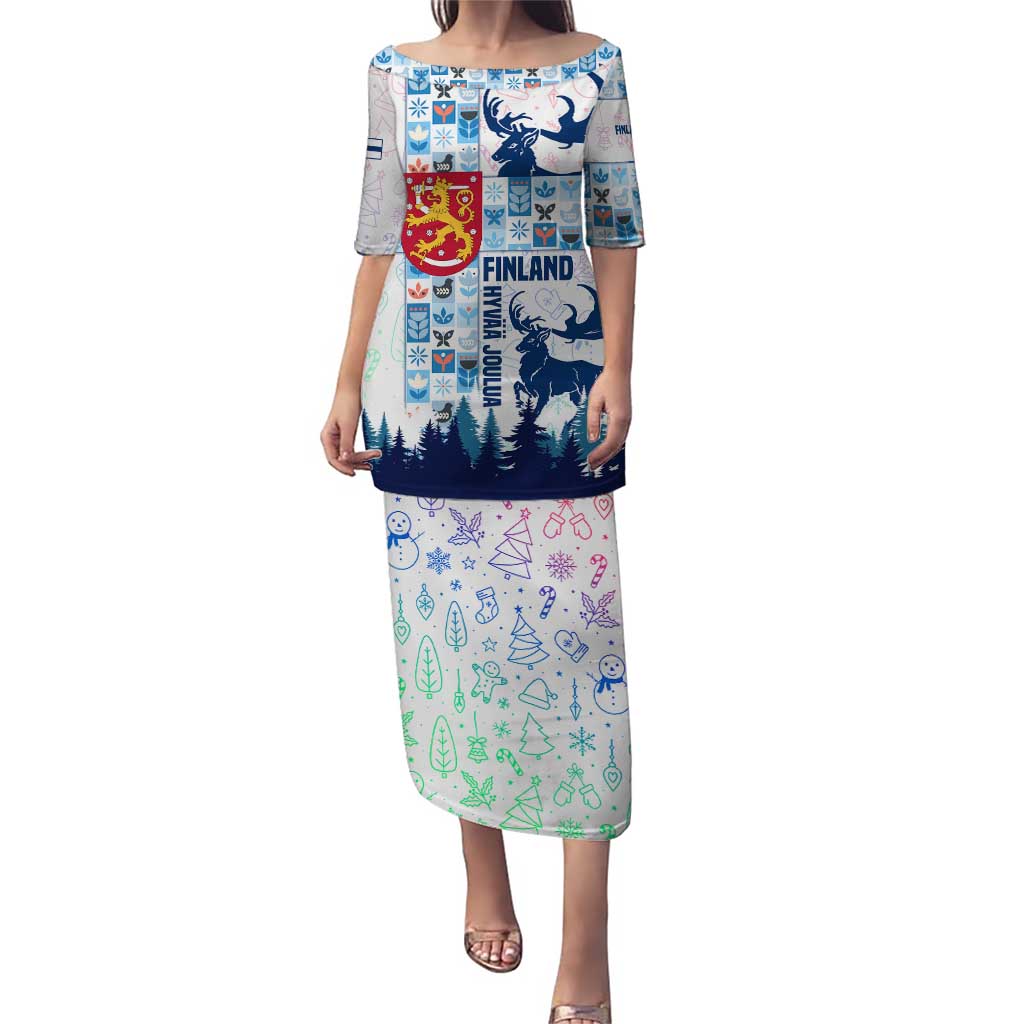 Finland Christmas Puletasi with Reindeer Forest Crest and Nordic Pattern Design - Wonder Print Shop