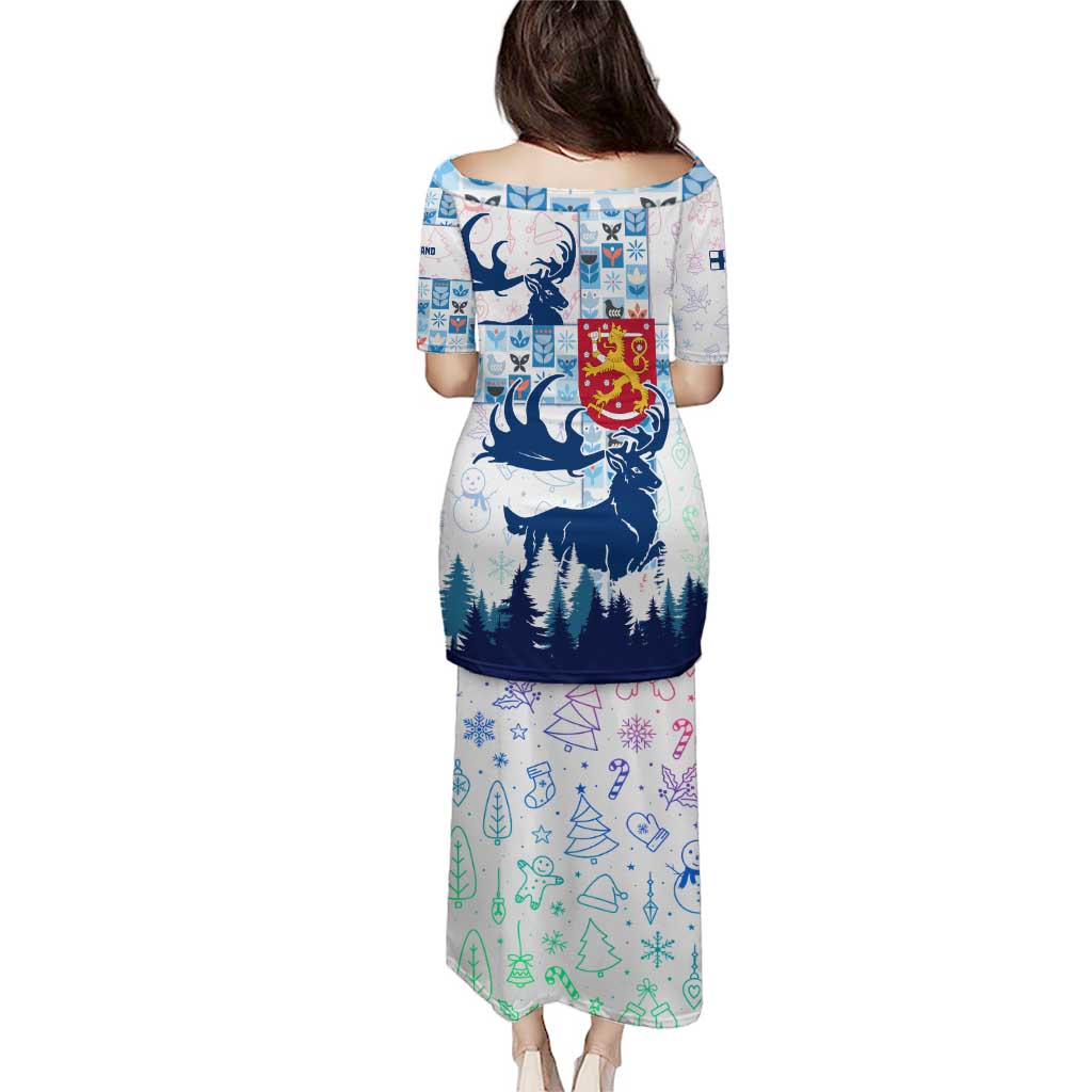 Finland Christmas Puletasi with Reindeer Forest Crest and Nordic Pattern Design - Wonder Print Shop