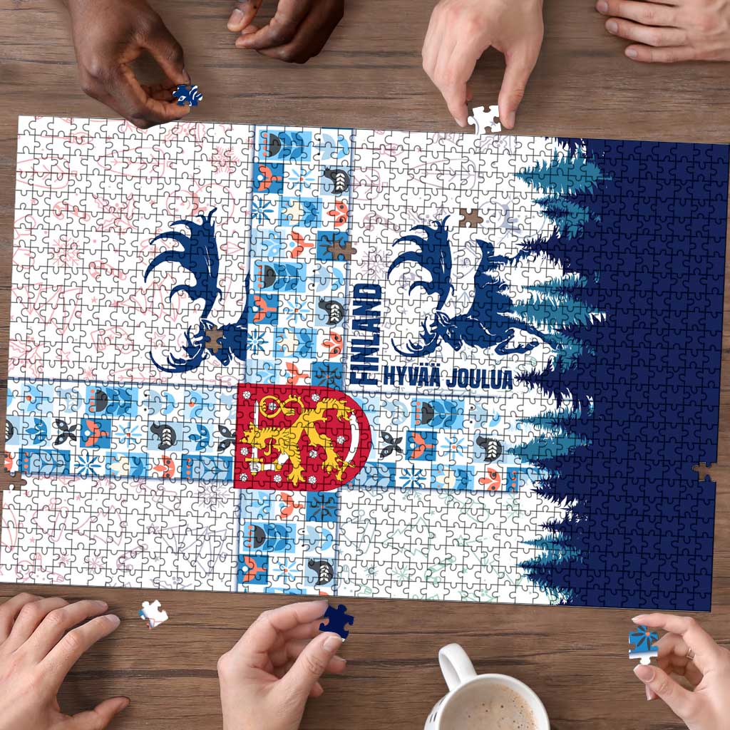 Finland Christmas Puzzle with Reindeer Forest Crest and Nordic Pattern Design - Wonder Print Shop