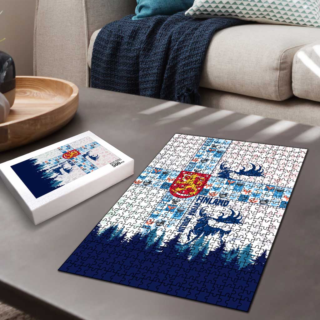 Finland Christmas Puzzle with Reindeer Forest Crest and Nordic Pattern Design - Wonder Print Shop