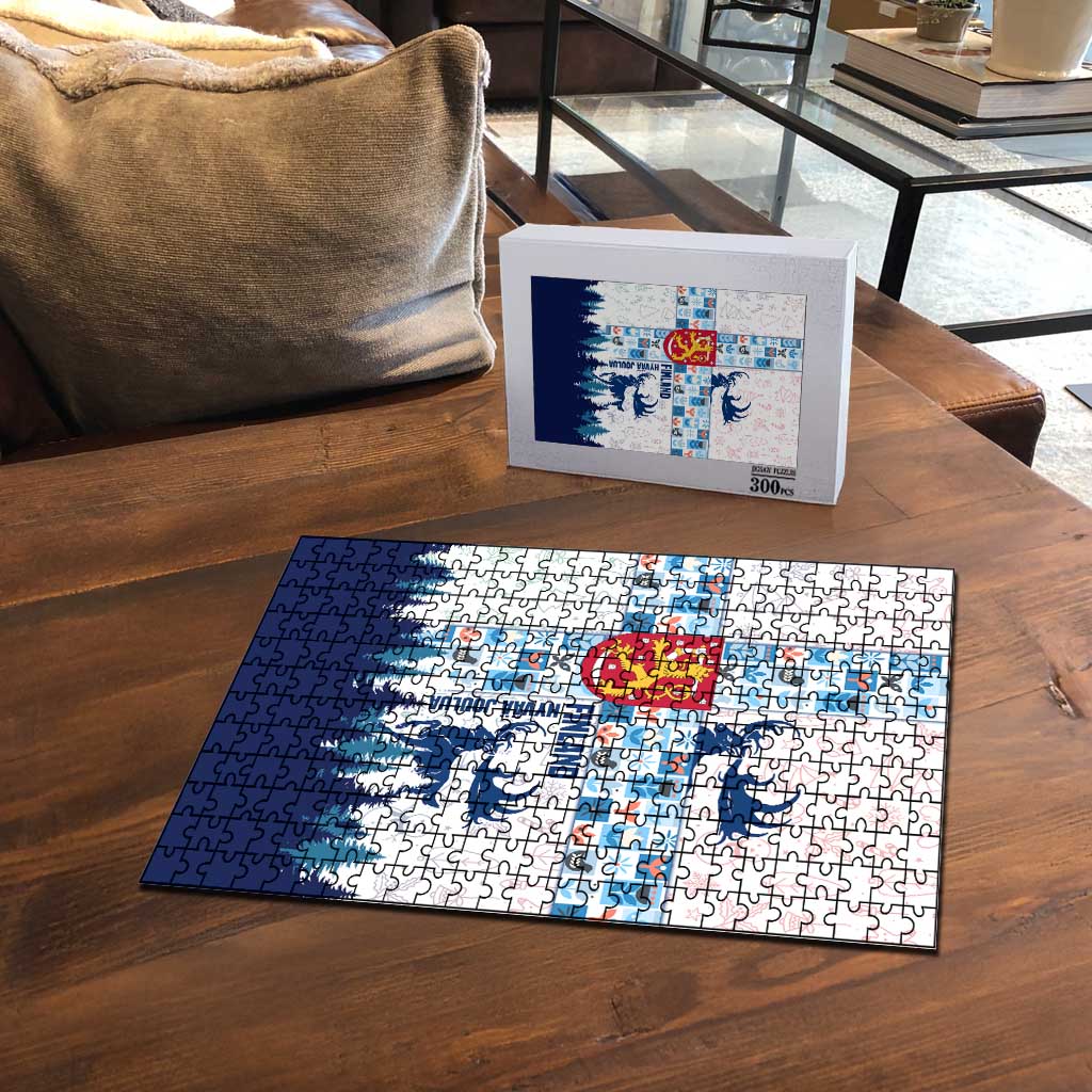 Finland Christmas Puzzle with Reindeer Forest Crest and Nordic Pattern Design - Wonder Print Shop