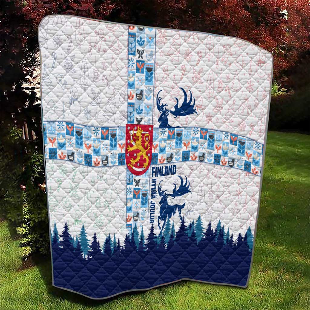 Finland Christmas Quilt with Reindeer Forest Crest and Nordic Pattern Design - Wonder Print Shop