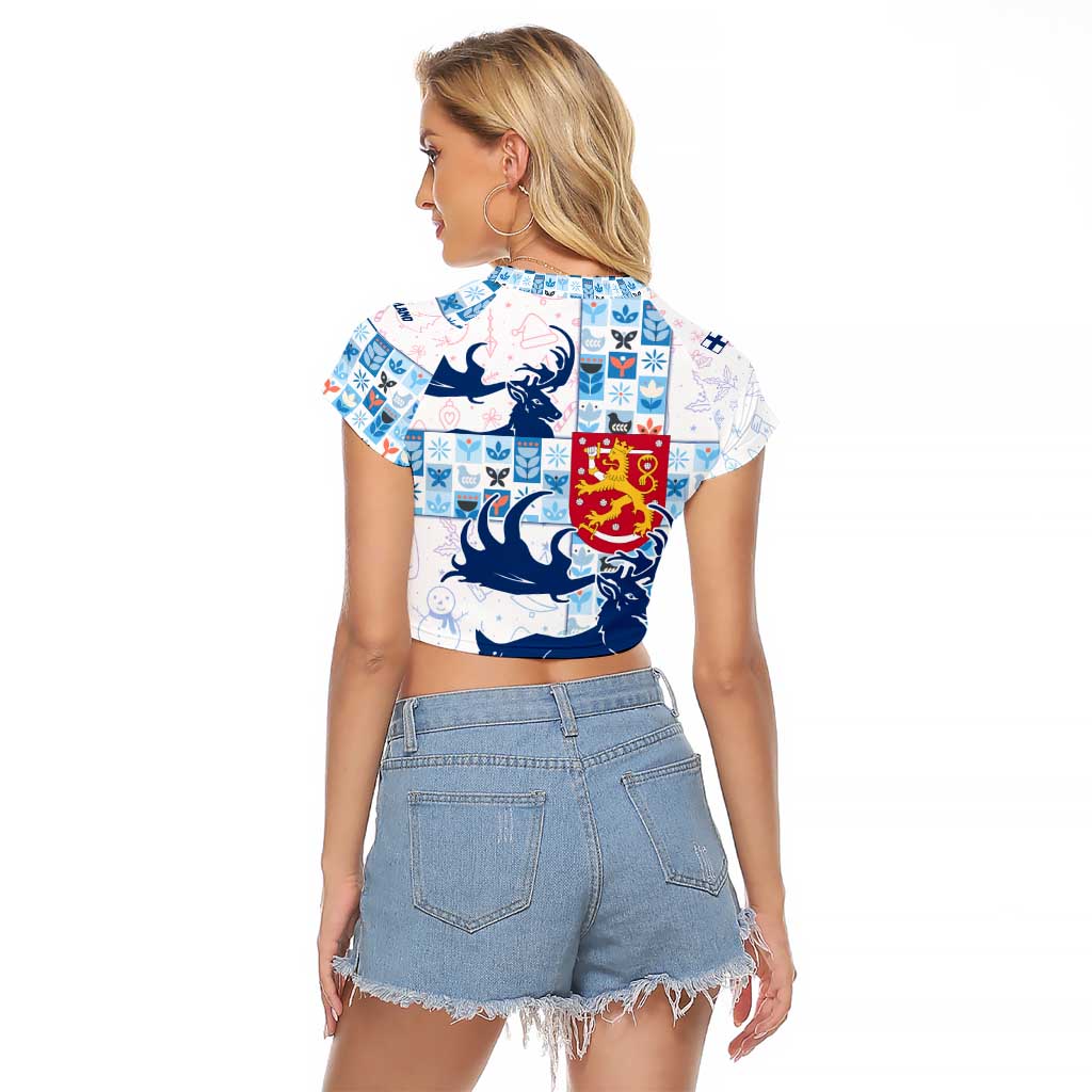 Finland Christmas Raglan Cropped T Shirt with Reindeer Forest Crest and Nordic Pattern Design - Wonder Print Shop