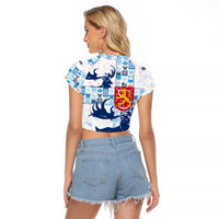 Finland Christmas Raglan Cropped T Shirt with Reindeer Forest Crest and Nordic Pattern Design - Wonder Print Shop