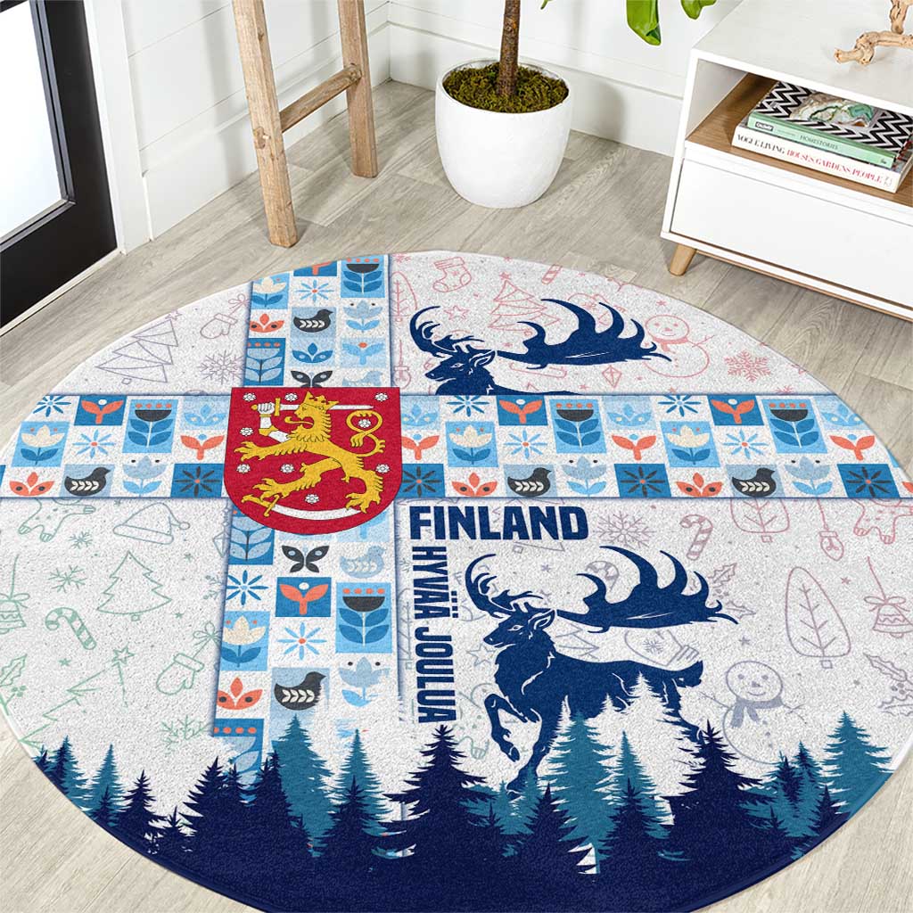 Finland Christmas Round Carpet with Reindeer Forest Crest and Nordic Pattern Design - Wonder Print Shop