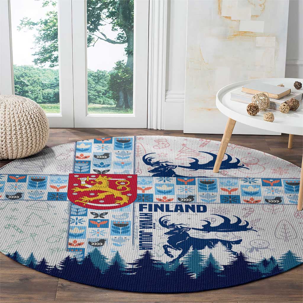 Finland Christmas Round Carpet with Reindeer Forest Crest and Nordic Pattern Design - Wonder Print Shop