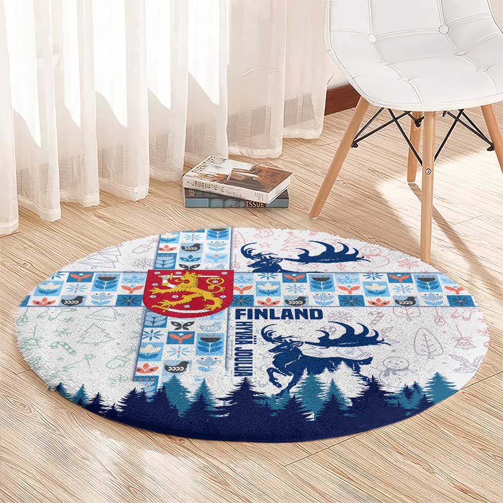 Finland Christmas Round Carpet with Reindeer Forest Crest and Nordic Pattern Design - Wonder Print Shop