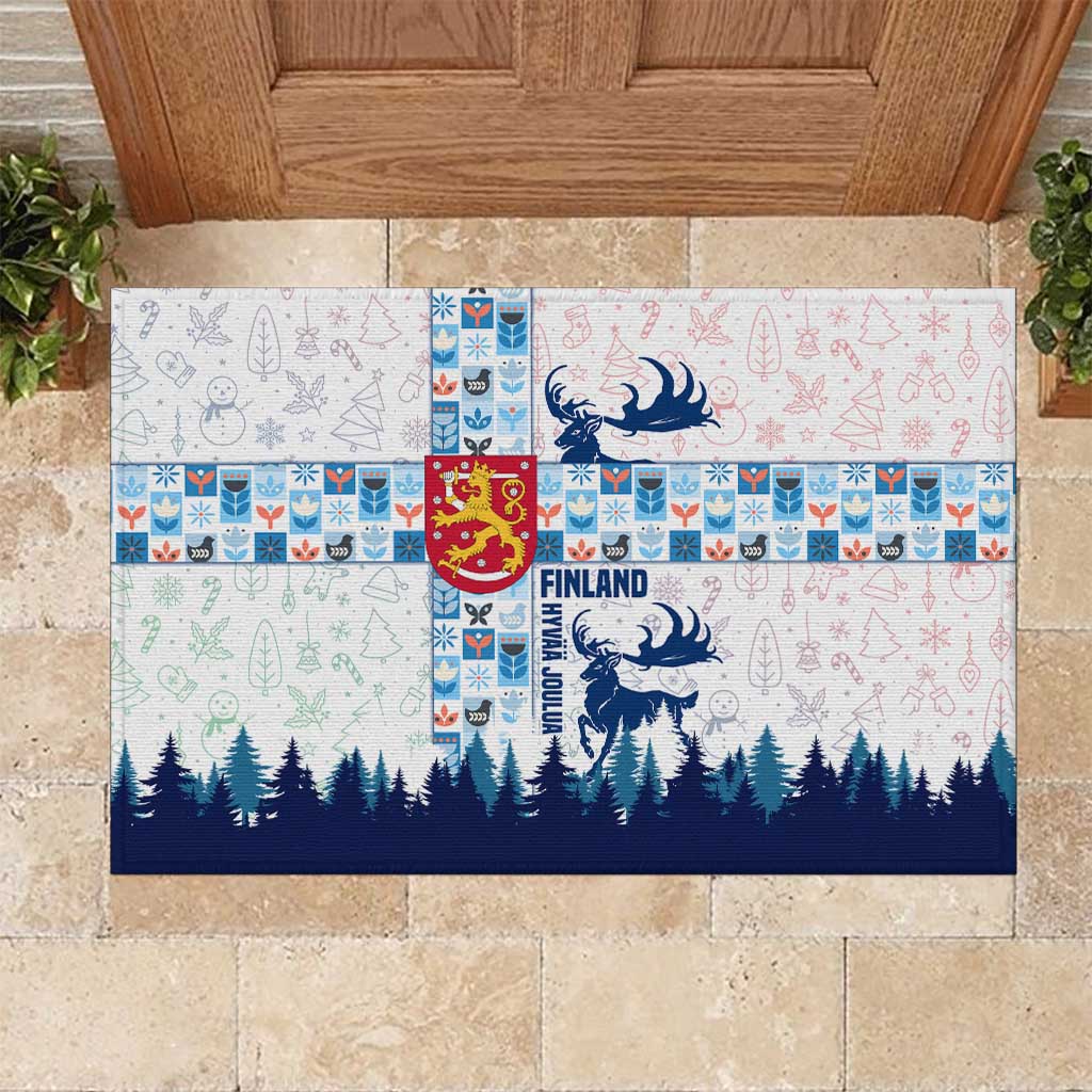 Finland Christmas Rubber Doormat with Reindeer Forest Crest and Nordic Pattern Design - Wonder Print Shop