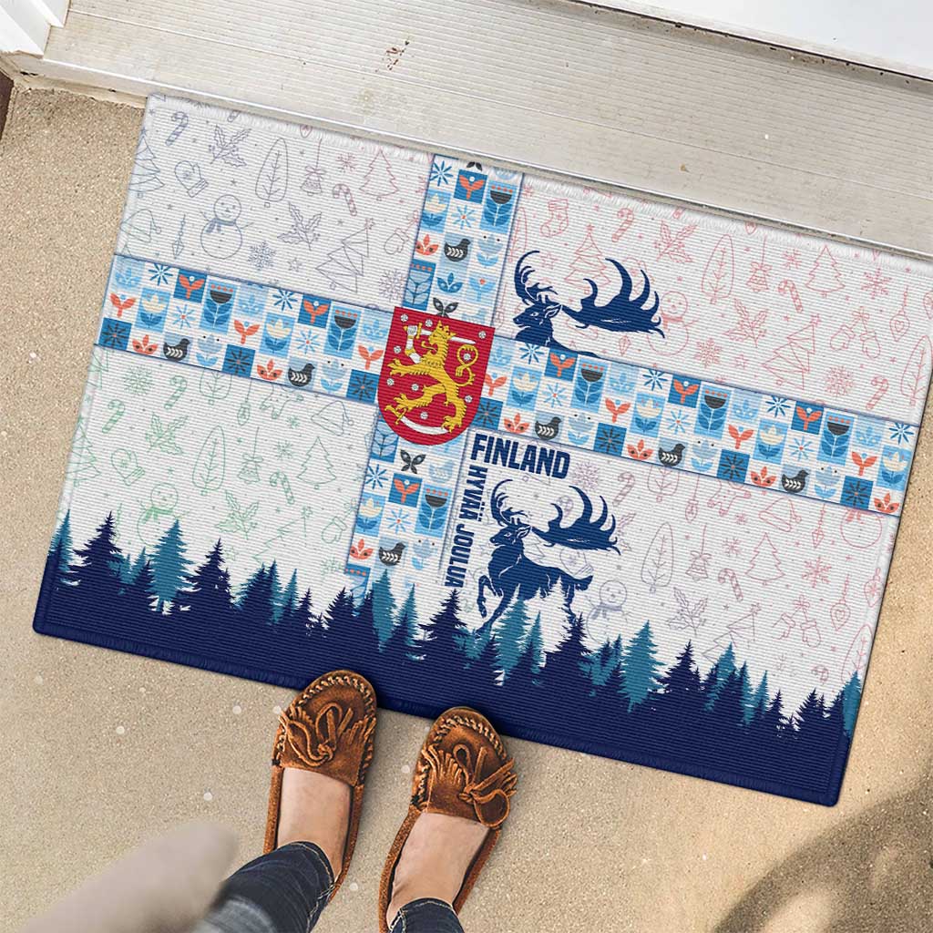 Finland Christmas Rubber Doormat with Reindeer Forest Crest and Nordic Pattern Design - Wonder Print Shop