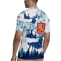 Finland Christmas Rugby Jersey with Reindeer Forest Crest and Nordic Pattern Design - Wonder Print Shop