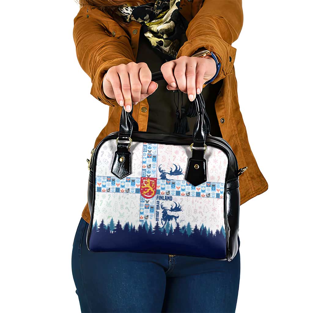 Finland Christmas Shoulder Handbag with Reindeer Forest Crest and Nordic Pattern Design - Wonder Print Shop