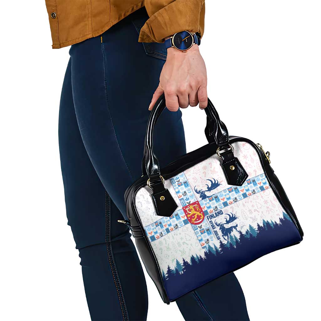 Finland Christmas Shoulder Handbag with Reindeer Forest Crest and Nordic Pattern Design - Wonder Print Shop