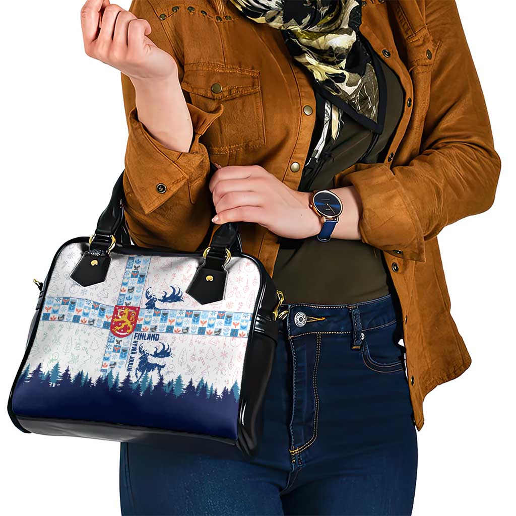 Finland Christmas Shoulder Handbag with Reindeer Forest Crest and Nordic Pattern Design - Wonder Print Shop