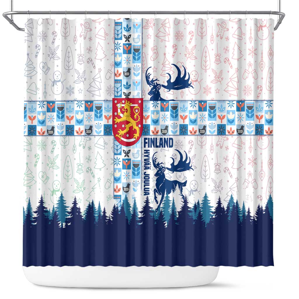 Finland Christmas Shower Curtain with Reindeer Forest Crest and Nordic Pattern Design - Wonder Print Shop