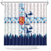 Finland Christmas Shower Curtain with Reindeer Forest Crest and Nordic Pattern Design - Wonder Print Shop