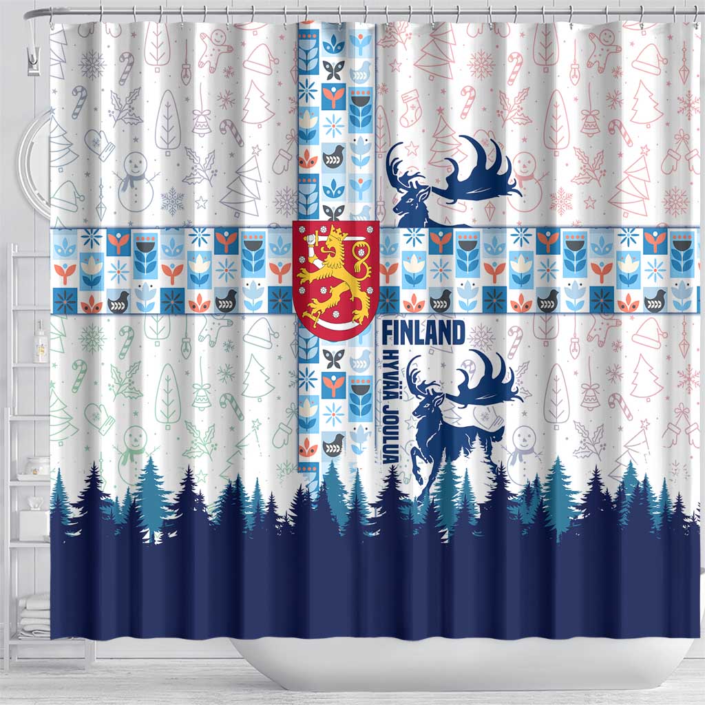 Finland Christmas Shower Curtain with Reindeer Forest Crest and Nordic Pattern Design - Wonder Print Shop